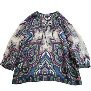 Talbots Petites Paisley Peasant Boho Silk Blouse with Double Tie Neck Size 12P